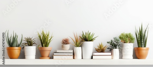 A row of various potted plants neatly arranged on top of a white shelf  creating a harmonious display of greenery and decor in a room.