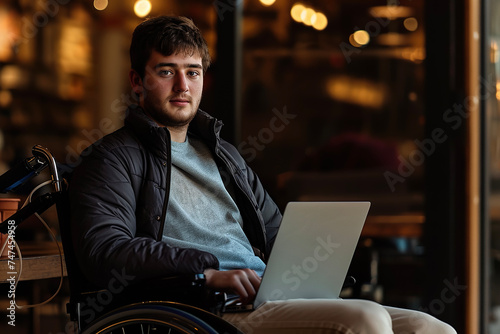 A portrait of a young man in a wheelchair, with a look of confidence on his face and a laptop on his lap