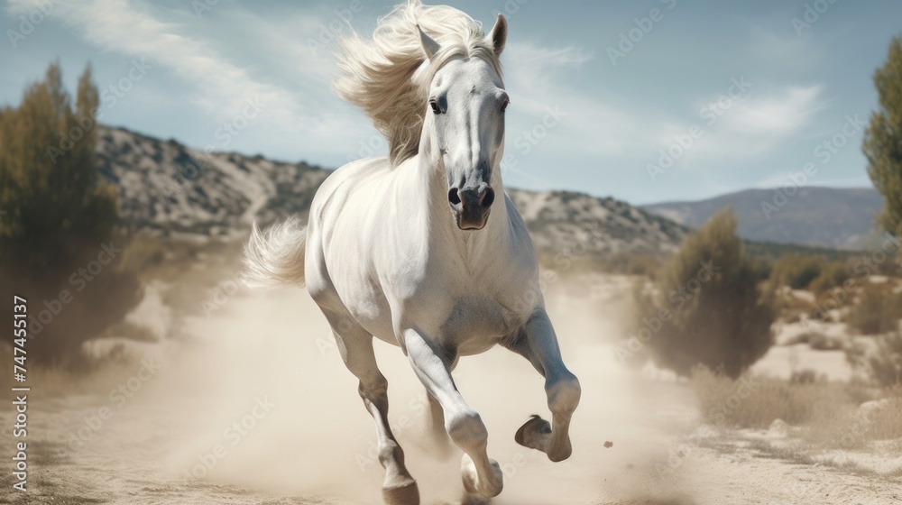Majestic white horse galloping on a dusty field, suitable for various outdoor and animal themes Majestic white horse galloping on a dusty field, suitable for various outdoor and animal themes