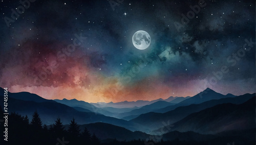 Watercolor night sky with a full moon  stars  and silhouetted mountains.