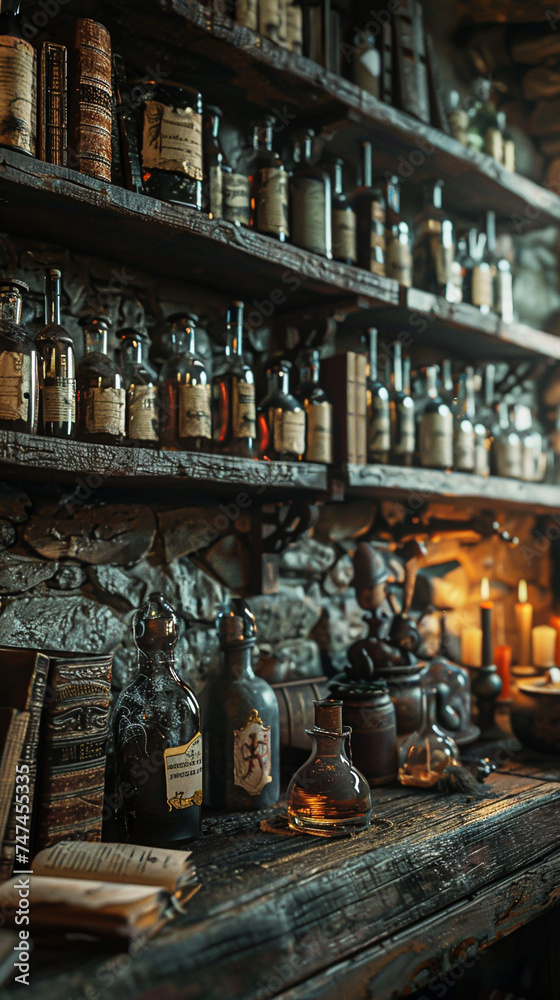 A shadowy nook in a fantasy library holds a shelf of ancient potions, their contents shimmering with untold powers(101)(2)-Enhanced-SR