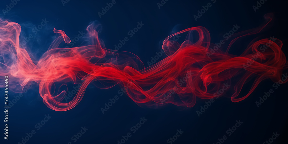 Photograph capturing the hypnotic dance of crimson smoke tendrils against a midnight blue background. - obrazy, fototapety, plakaty 