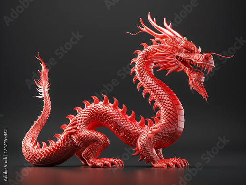 A solitary red 3D Chinese dragon, rendered with exquisite detail, stands out against the simplicity of a black background, embodying strength and wisdom(109)(3)-Enhanced-SR