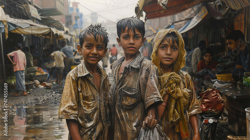 Portrait of poor children on an abandoned street photo