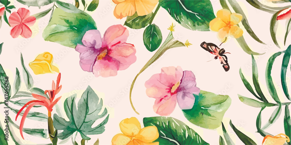Seamless pattern, Blooming flowers with watercolor on pastel colors. Design for fabric luxurious wallpaper, vintage style. Hand drawn floral pattern. Botany garden