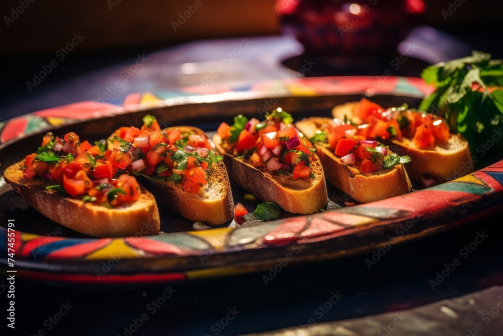 Detailed close-up photography of a refined  bruschetta in a clay dish against a colorful tile background. AI Generation