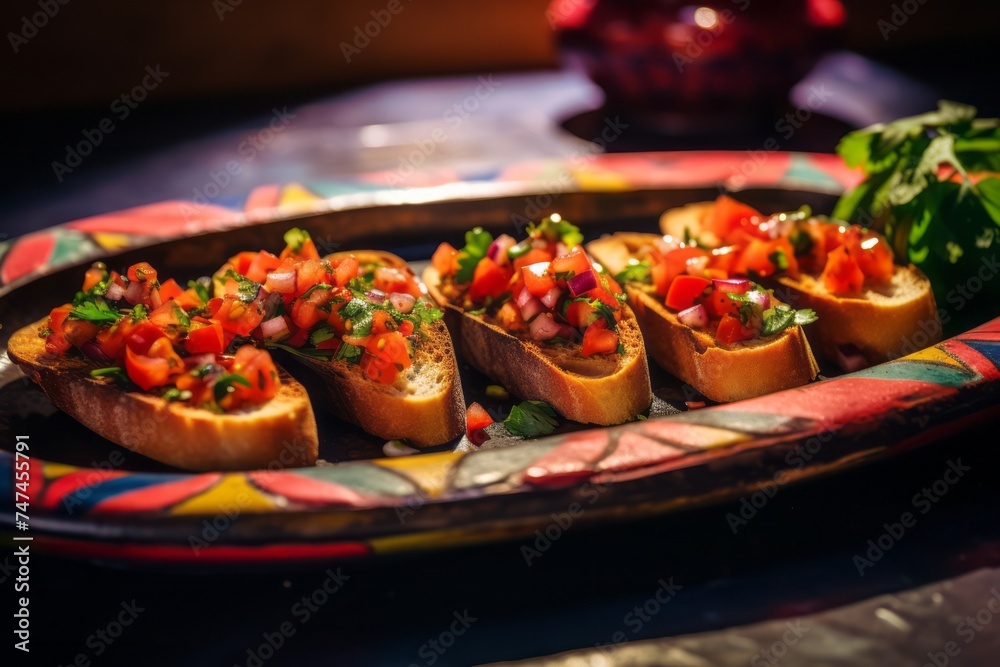 Detailed close-up photography of a refined bruschetta in a clay dish against a colorful tile background. AI Generation Detailed close-up photography of a refined bruschetta in a clay dish against a colorful tile background. AI Generation