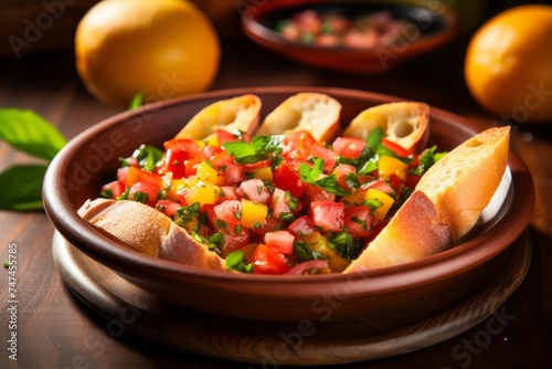 Detailed close-up photography of a refined  bruschetta in a clay dish against a colorful tile background. AI Generation