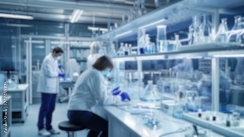 A blurred photograph capturing the bustling activity of scientists in lab coats conducting research in a modern, well-equipped laboratory. Resplendent.