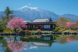 Cherry blossoms over serene lakes in Japanese gardens, traditional tea ceremonies with Zen garden views, kimonos against the backdrop of Mount Fuji, springtime bamboo forest walks.