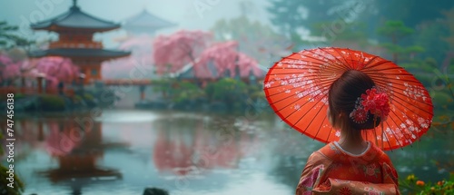 Floral landscapes capturing the essence of spring in Japan, serene lakes reflecting sakura, cultural performances enhancing the festive mood, colorful kimonos amidst ancient shrines photo