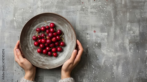 In natural light on a concrete background, Anonymous is holding a ceramic dish with a spray of organic buffaloberries against a textured grey background. photo