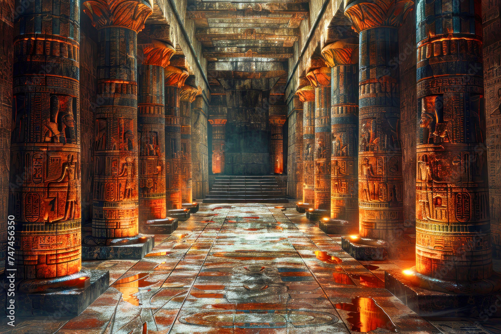 The Mystical Corridor of an Egyptian Temple - obrazy, fototapety, plakaty 
