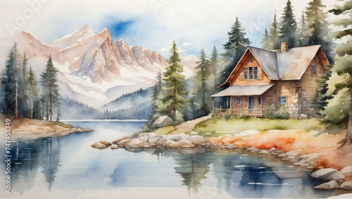Watercolor peaceful mountain cabin surrounded by pine trees and a serene lake.