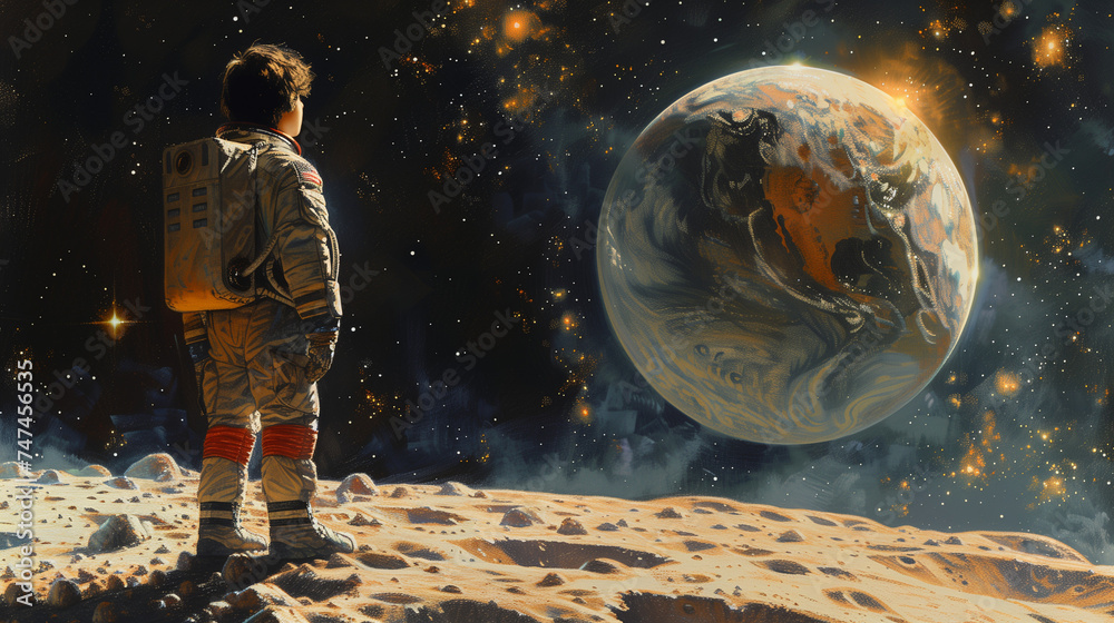 Junger Astronaut am Mond - obrazy, fototapety, plakaty 