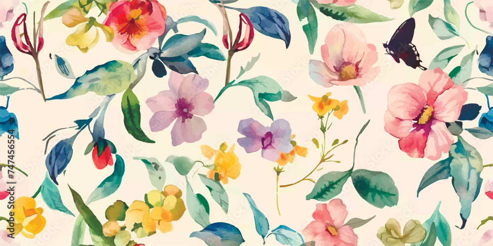 Seamless pattern, Blooming flowers with watercolor on pastel colors. Design for fabric luxurious wallpaper, vintage style. Hand drawn floral pattern. Botany garden