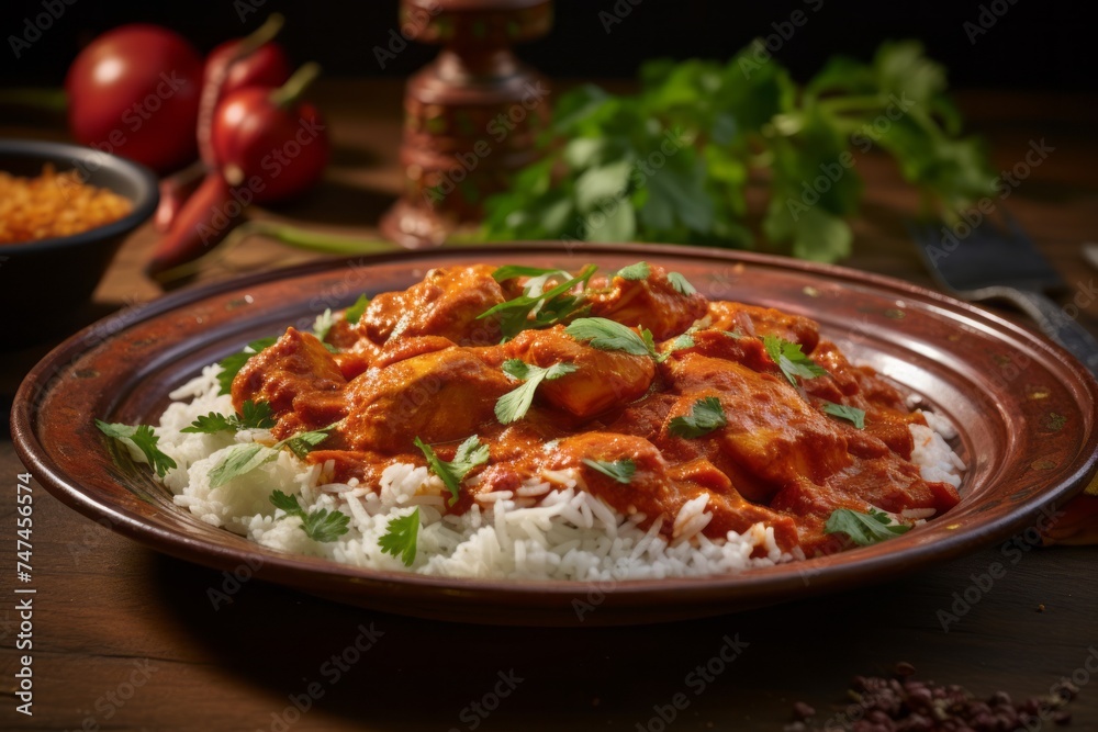 Highly detailed close-up photography of a refined chicken tikka masala on a rustic plate against a colorful tile background. AI Generation Highly detailed close-up photography of a refined chicken tikka masala on a rustic plate against a colorful tile background. AI Generation