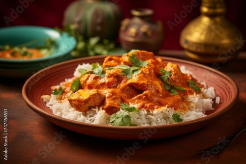 Highly detailed close-up photography of a refined  chicken tikka masala on a rustic plate against a colorful tile background. AI Generation