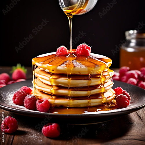 A pile of delicious pancakes with syrup flowing down.먹음직한 팬케이크가쌓여있으며 시럽이 흘러내리는모습Generative AI