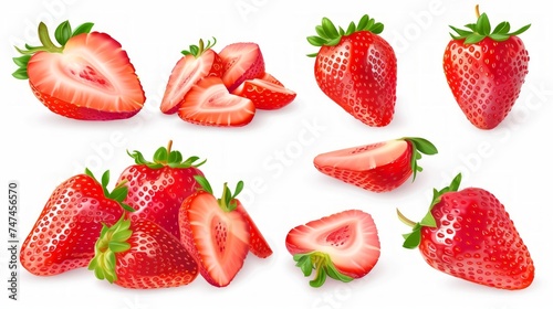 Set of ripe whole and sliced strawberries showcasing the fresh, juicy interior and the vibrant red exterior of this beloved fruit