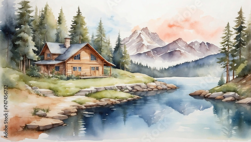 Watercolor peaceful mountain cabin surrounded by pine trees and a serene lake © xKas