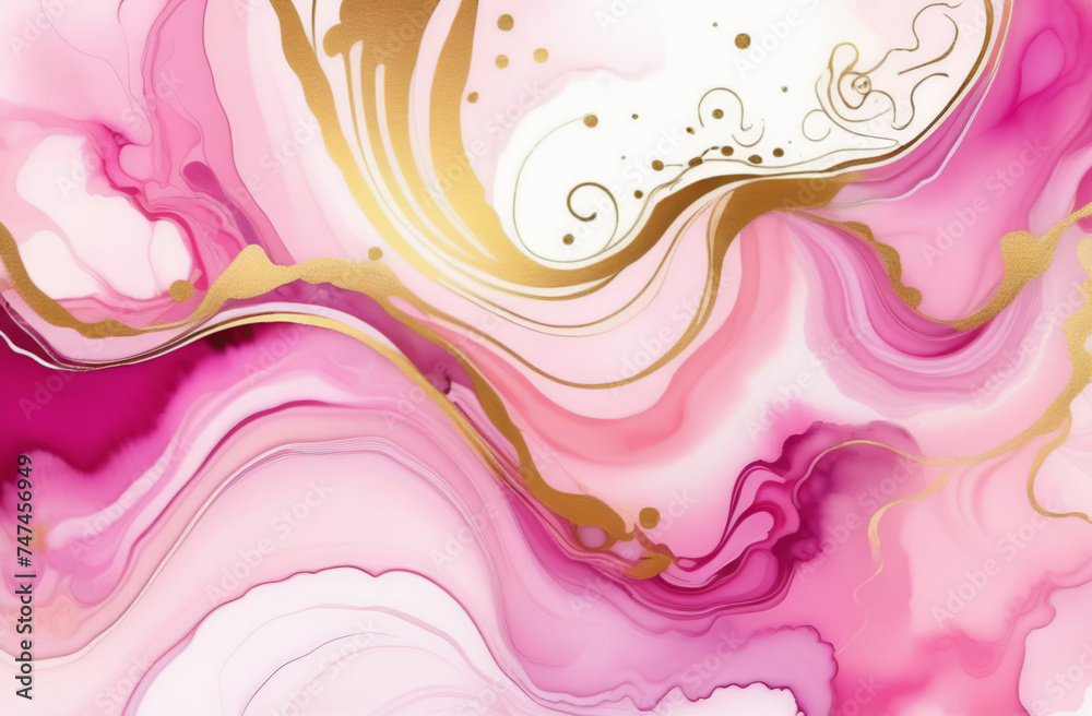 Alcohol ink art full frame background. Currents of magenta hues, stains, pink golden swirls, soft color free-flowing textures. Natural aquarelle abstract fluid painting. Can be used as vertical poster