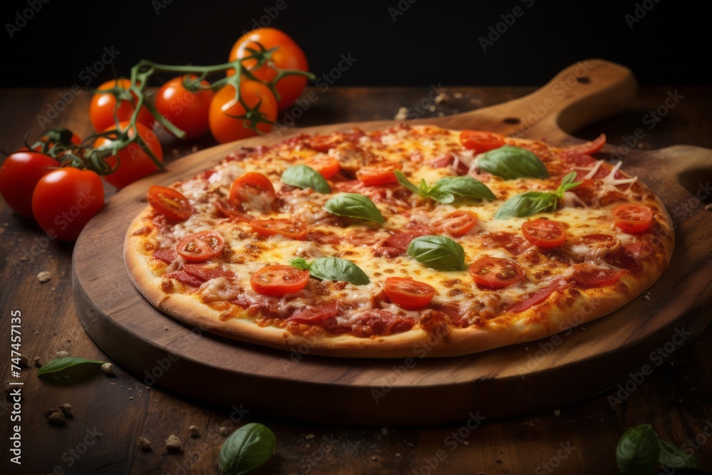 Highly detailed close-up photography of an exquisite pizza on a wooden board against a rustic textured paper background. AI Generation