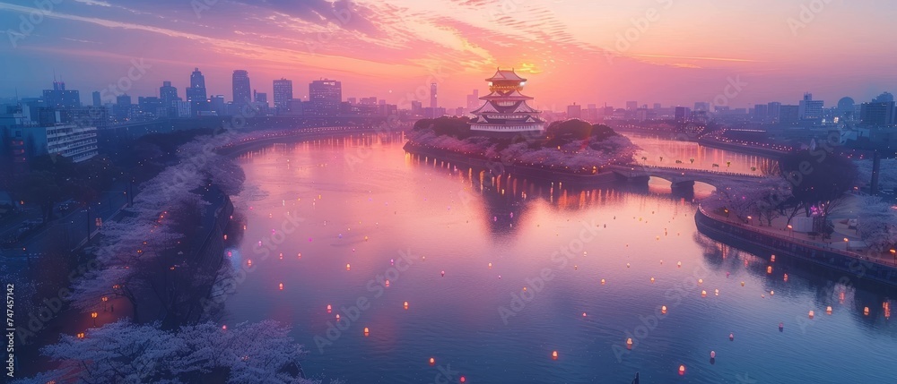 Tokyo parks host spring festivals, lantern festivals illuminate cherry blossoms, Osaka Castle amid pink florals, serene rivers in Japanese countryside.