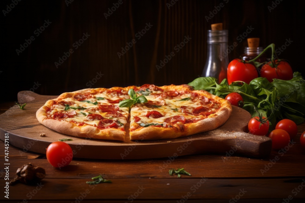 Highly detailed close-up photography of an exquisite pizza on a wooden board against a rustic textured paper background. AI Generation