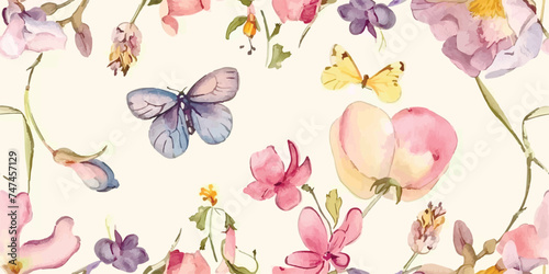 Seamless pattern  Blooming flowers with watercolor on pastel colors. Print with butterfly  dragonfly  beetle  vintage style. Hand drawn floral pattern. Botany garden