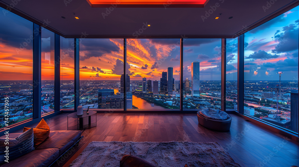Fototapeta premium Luxurious Houston skyline vista from penthouse, panoramic and elegant, epitomizing urban sophistication.generative ai