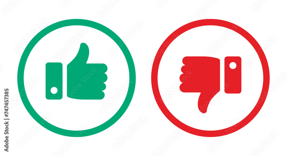 Like and dislike thumb icon symbol set in outline circle in green and red color for social media on white background. Rating thumb icon set - Vector Icon Like and dislike thumb icon symbol set in outline circle in green and red color for social media on white background. Rating thumb icon set - Vector Icon