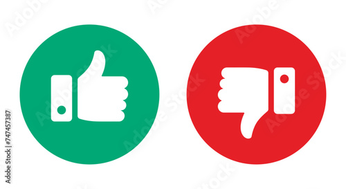 Like and dislike thumb icon symbol set in circle in green and red color for social media on white background. Rating thumb icon set - Vector Icon