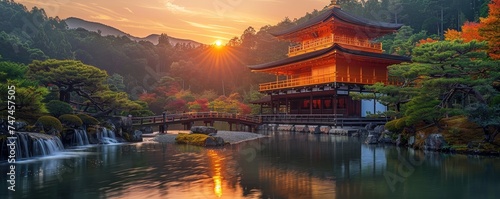 Sunset views over Japanese countryside, ancient shrines among floral landscapes, moss gardens after spring rain, tranquil waterfalls and wooden bridges in blooming gardens are serene and captivating.