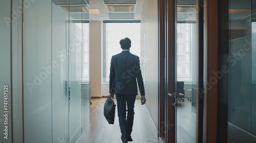 Vista traseira de um empresário com uma maleta andando em um corredor de escritório