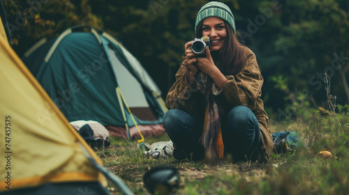 Fotógrafa jovem com câmera sentada em frente à sua barraca na floresta photo