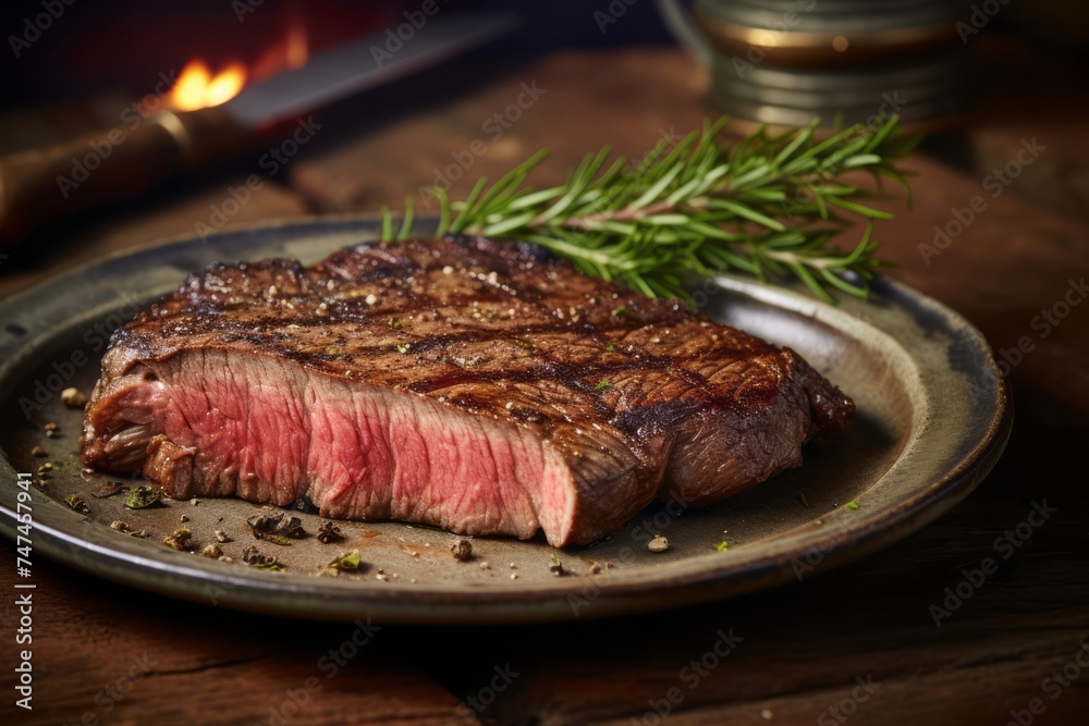 Conceptual close-up photography of a tempting medium rare ribeye steak on a rustic plate against a rustic textured paper background. AI Generation Conceptual close-up photography of a tempting medium rare ribeye steak on a rustic plate against a rustic textured paper background. AI Generation