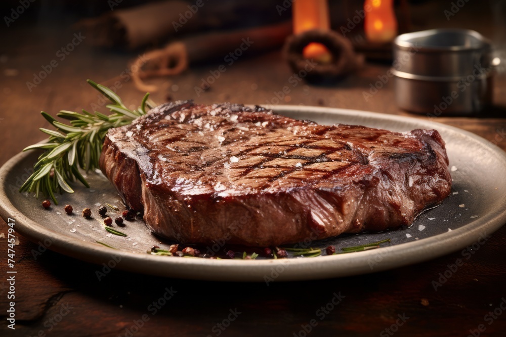 Conceptual close-up photography of a tempting medium rare ribeye steak on a rustic plate against a rustic textured paper background. AI Generation