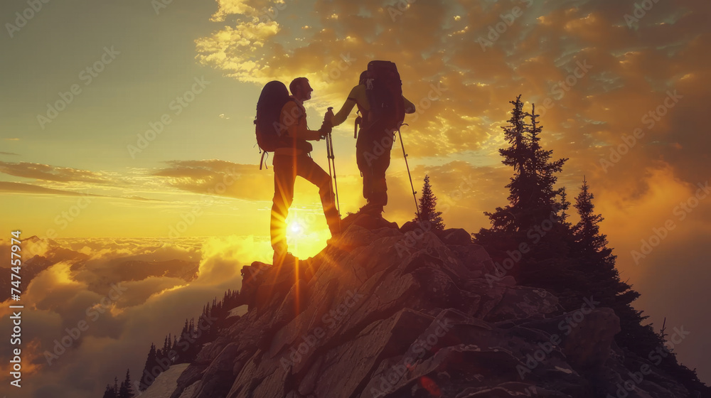 two hikers are giving a high-five on a mountain summit against a stunning backdrop of a sunset and sea of clouds.