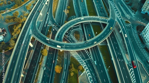 Aerial top picture of a multilayer intersection highway featuring an expressway, roads, and roundabouts in modern transportation. significant infrastructure.