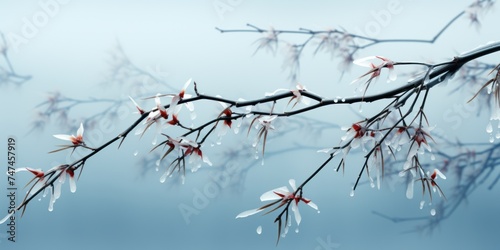 A tree branch covered in snow, showcasing the winter seasons arrival