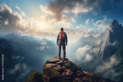 A man standing on top of a mountain with a backpack. Suitable for travel and adventure concepts