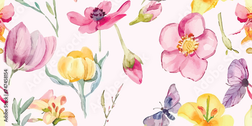 Seamless pattern  Blooming flowers with watercolor on pastel colors. Design for fabric luxurious wallpaper  vintage style. Hand drawn floral pattern. Botany garden