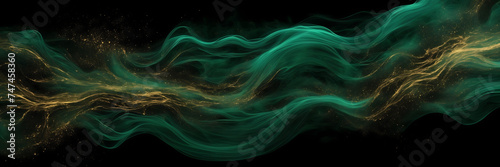 Abstract composition featuring intertwining streams of emerald and gold smoke set against a velvety black expanse.