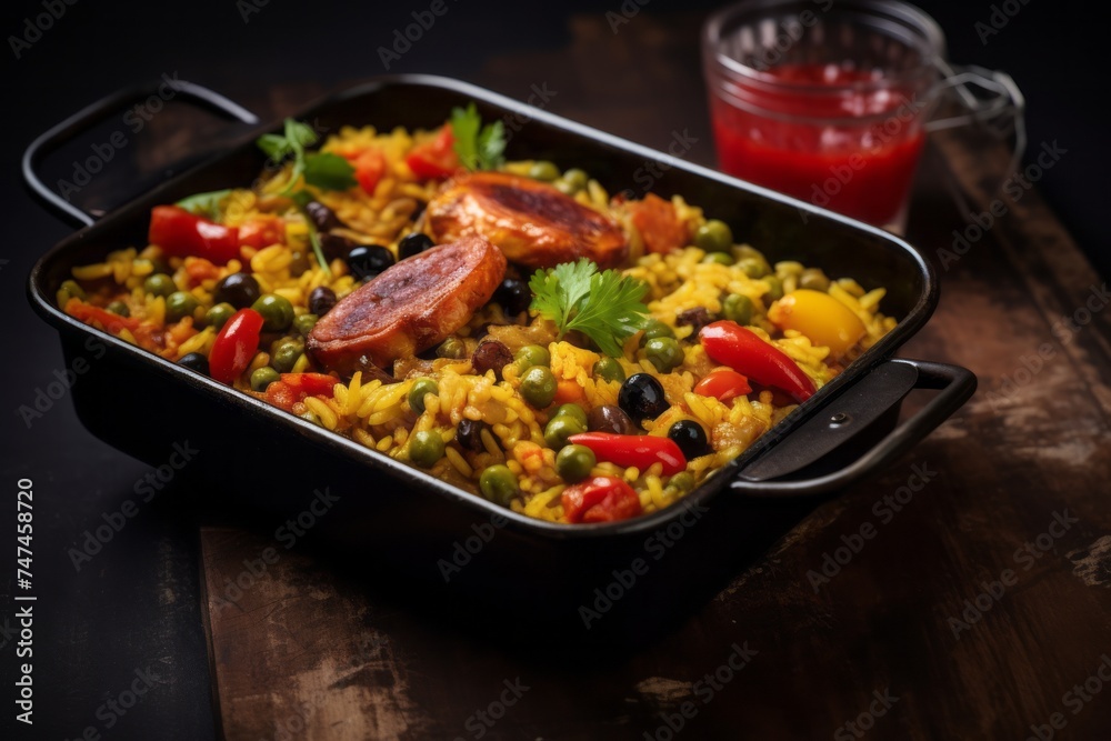 Macro view photography of a tempting paella in a bento box against a rustic textured paper background. AI Generation Macro view photography of a tempting paella in a bento box against a rustic textured paper background. AI Generation