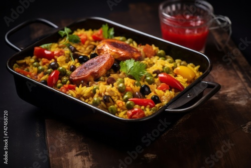 Macro view photography of a tempting paella in a bento box against a rustic textured paper background. AI Generation