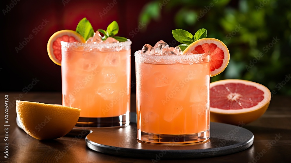 Grapefruit Paloma drinks on a Table with Beautiful Lighting Grapefruit Paloma drinks on a Table with Beautiful Lighting