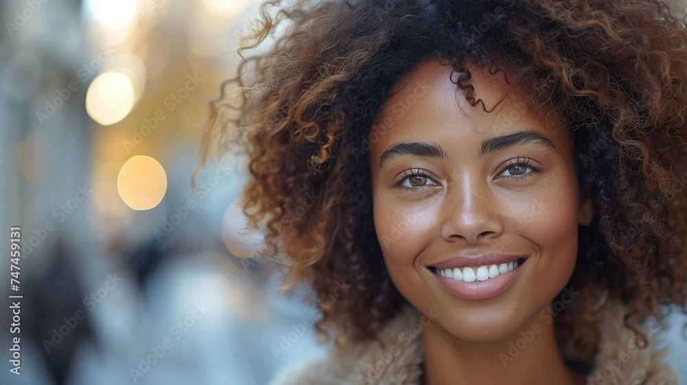 Portrait of a woman with a gentle smile, her curly hair framing her face, set against the soft glow of urban bokeh lights Portrait of a woman with a gentle smile, her curly hair framing her face, set against the soft glow of urban bokeh lights
