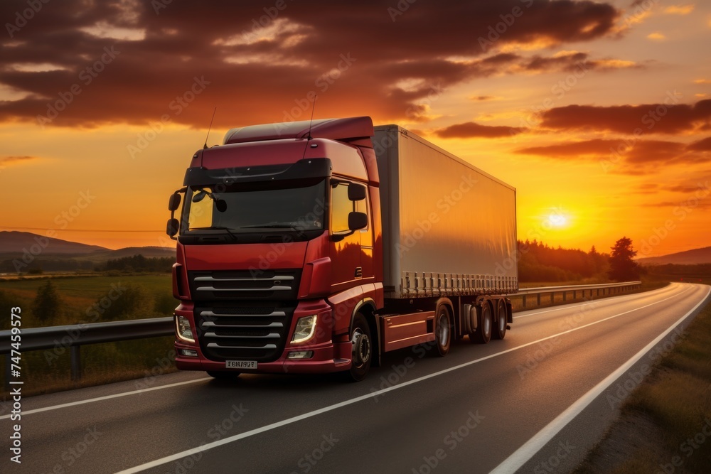 Semi truck driving down a highway at sunset. Suitable for transportation and travel concepts
