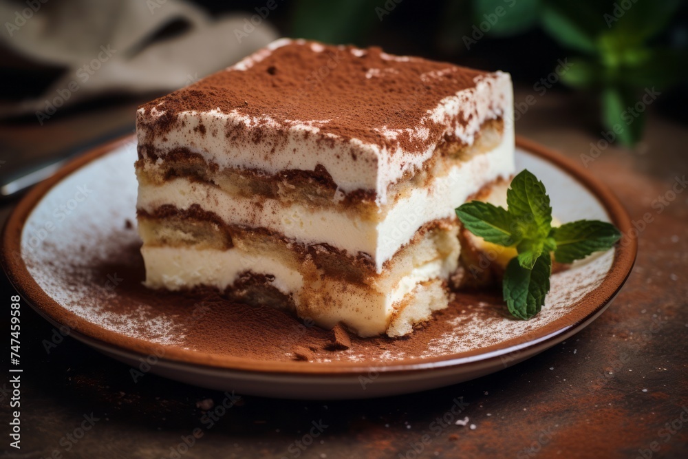Macro view photography of a delicious tiramisu on a marble slab against a rustic textured paper background. AI Generation Macro view photography of a delicious tiramisu on a marble slab against a rustic textured paper background. AI Generation